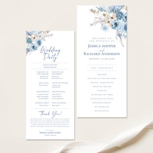 Catholic Wedding Program Template, Blue Wedding Programs, Ceremony Program Order of Service Template Download D018 Amy Design Templates