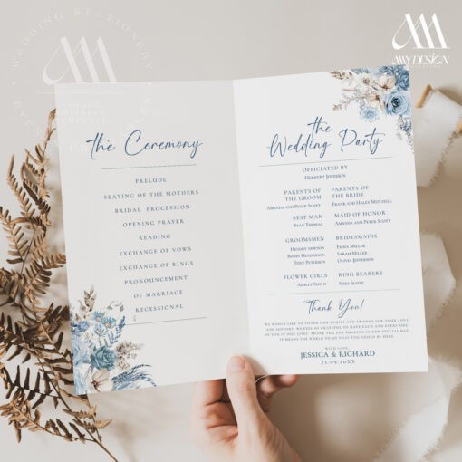 Catholic Wedding Program Template, Blue Wedding Programs, Ceremony Program Order of Service Template Download D018 Amy Design Templates