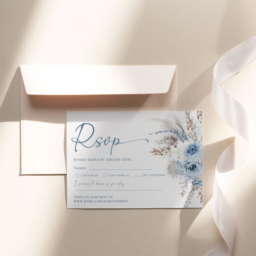 RSVP Card Template, Boho Dusty Blue Wedding RSVP Template Amy Design Templates