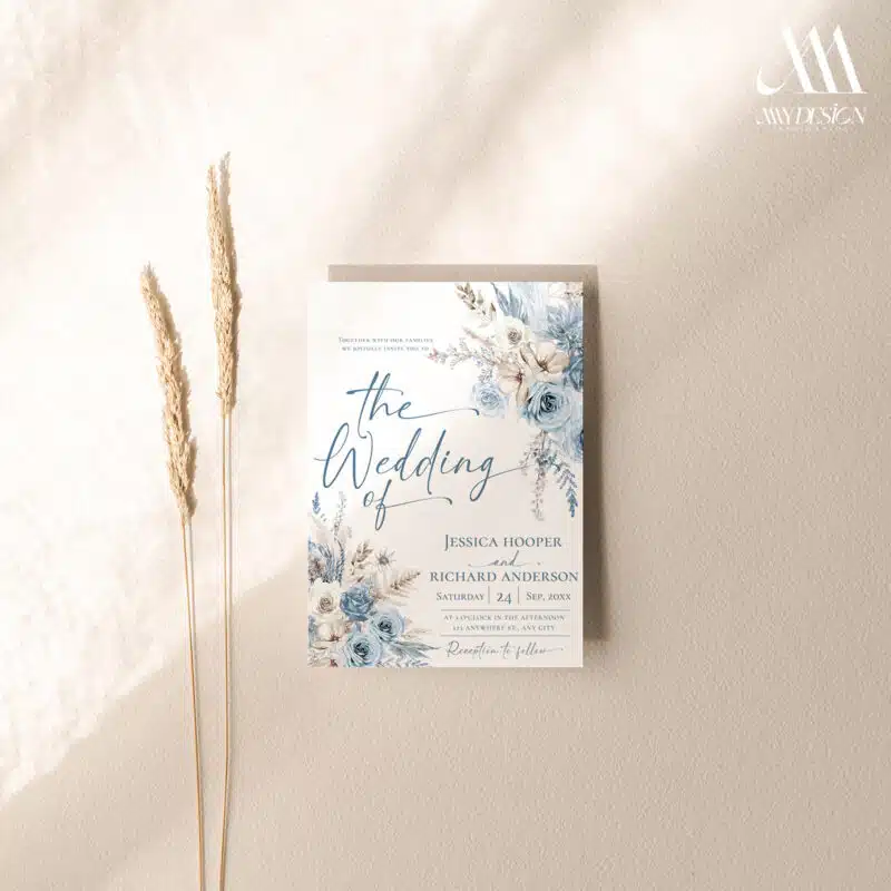 Elegant blue wedding invitation card with boho pampas grass design