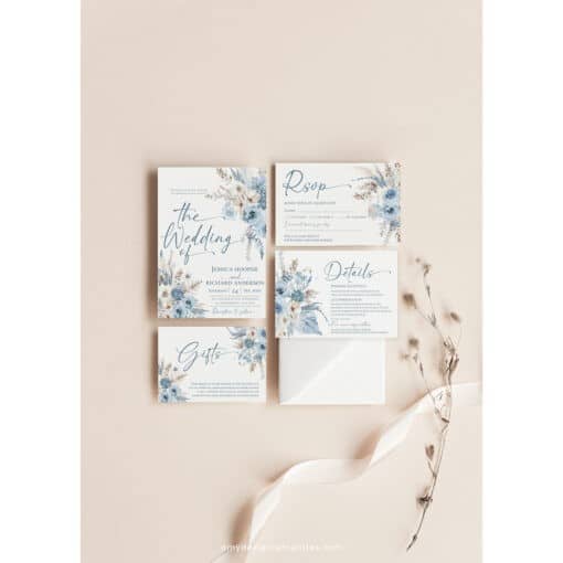 Blue Wedding Invitation Suite Template, Dusty Blue Floral Wedding Invite Set Template, Botanical Wedding Invites Editable Download D018 Amy Design Templates