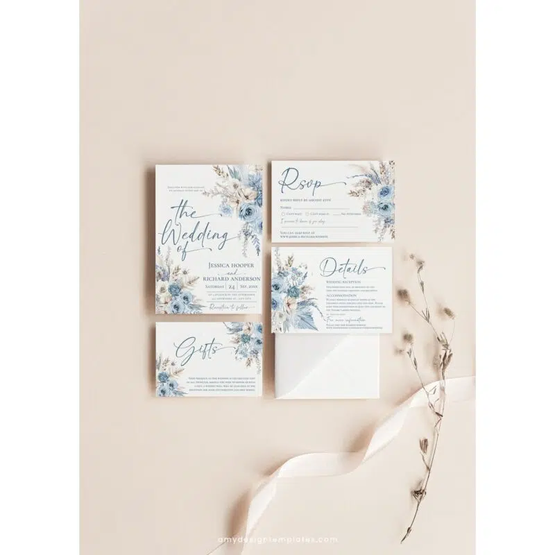 Dusty blue botanical wedding invitation suite with floral accents