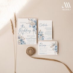 Blue Wedding Invitation Suite Template, Dusty Blue Floral Wedding Invite Set Template, Botanical Wedding Invites Editable Download D018 Amy Design Templates