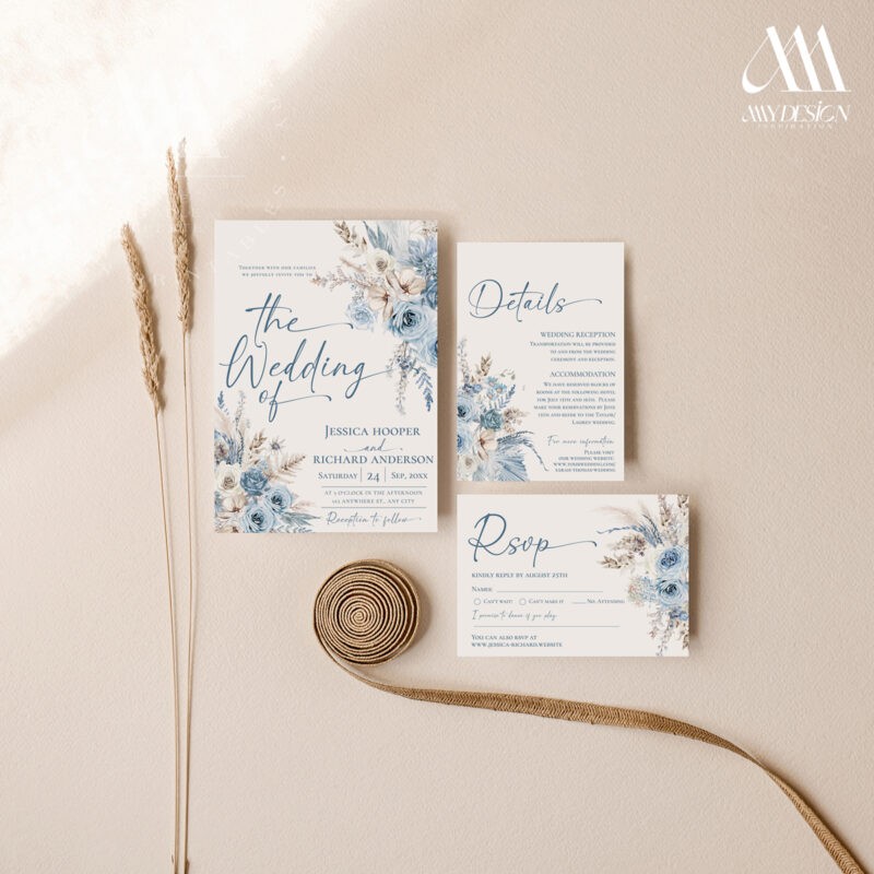 Blue Wedding Invitation Suite Template, Dusty Blue Floral Wedding Invite Set Template, Botanical Wedding Invites Editable Download D018 Amy Design Templates