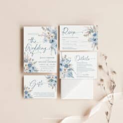 Blue Wedding Invitation Suite Template, Dusty Blue Floral Wedding Invite Set Template, Botanical Wedding Invites Editable Download D018 Amy Design Templates