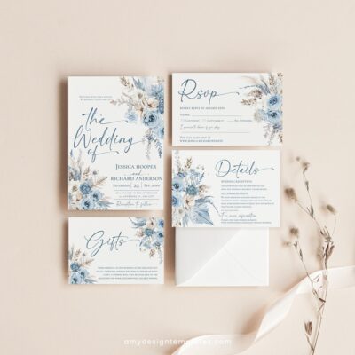 Dusty Blue Wedding Invitation Template with pampas grass and floral design