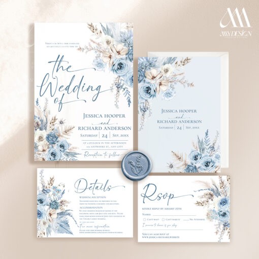 Blue Wedding Invitation Suite Template, Dusty Blue Floral Wedding Invite Set Template, Botanical Wedding Invites Editable Download D018 Amy Design Templates