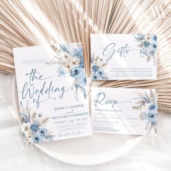 Blue Wedding Invitation Suite Template, Dusty Blue Floral Wedding Invite Set Template, Botanical Wedding Invites Editable Download D018 Amy Design Templates