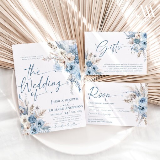 Blue Wedding Invitation Suite Template, Dusty Blue Floral Wedding Invite Set Template, Botanical Wedding Invites Editable Download D018 Amy Design Templates