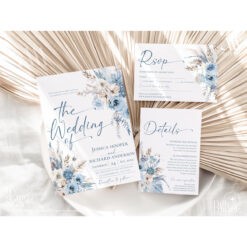 Blue Wedding Invitation Suite Template, Dusty Blue Floral Wedding Invite Set Template, Botanical Wedding Invites Editable Download D018 Amy Design Templates