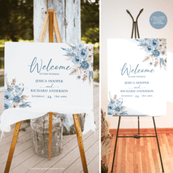 Blue Boho Pampas Wedding Welcome Sign, Printable Dusty Blue Boho Welcome Sign, Editable Blue Boho Pampas Grass Welcome Sign Amy Design Templates