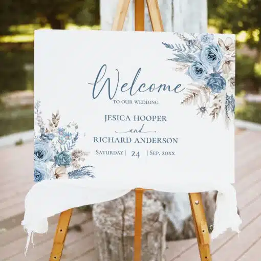 Blue Boho Pampas Wedding Welcome Sign, Printable Dusty Blue Boho Welcome Sign, Editable Blue Boho Pampas Grass Welcome Sign Amy Design Templates