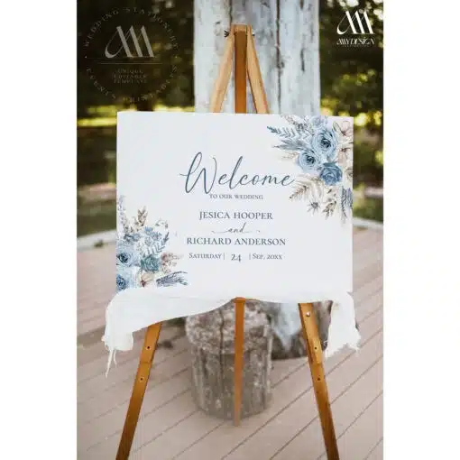 Blue Boho Pampas Wedding Welcome Sign, Printable Dusty Blue Boho Welcome Sign, Editable Blue Boho Pampas Grass Welcome Sign Amy Design Templates