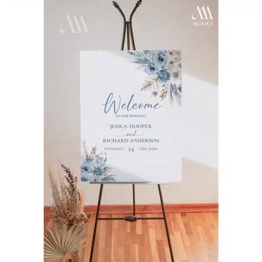 Blue Boho Pampas Wedding Welcome Sign, Printable Dusty Blue Boho Welcome Sign, Editable Blue Boho Pampas Grass Welcome Sign Amy Design Templates
