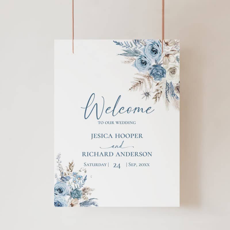 Blue Boho Pampas Wedding Welcome Sign, Printable Dusty Blue Boho Welcome Sign, Editable Blue Boho Pampas Grass Welcome Sign Amy Design Templates