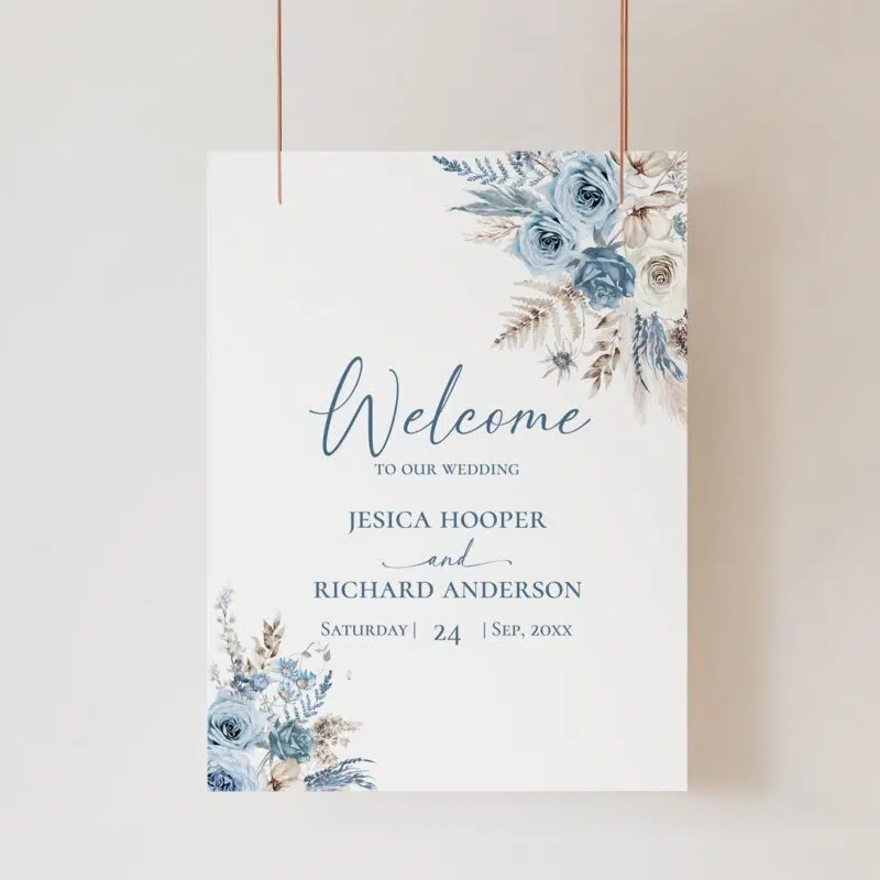 Blue Boho Pampas Wedding Welcome Sign, Printable Dusty Blue Boho Welcome Sign, Editable Blue Boho Pampas Grass Welcome Sign Amy Design Templates