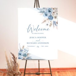 Blue Boho Pampas Wedding Welcome Sign, Printable Dusty Blue Boho Welcome Sign, Editable Blue Boho Pampas Grass Welcome Sign Amy Design Templates