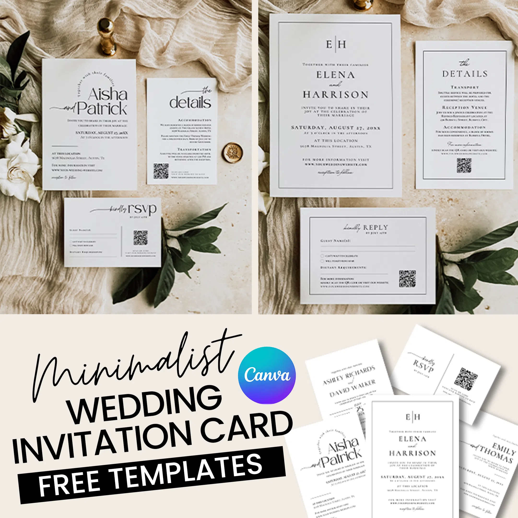 Free Wedding Invitation Template, Modern Minimalist Wedding Invitation Set Free Download
