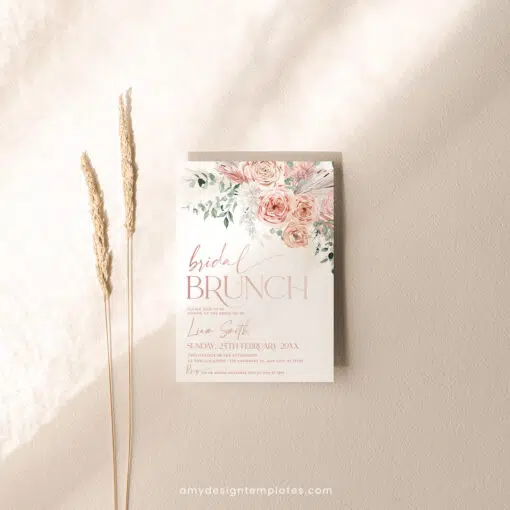 Dusty Rose Bridal Brunch Invitation, Elegant Boho Pink Bridal Shower Editable Template