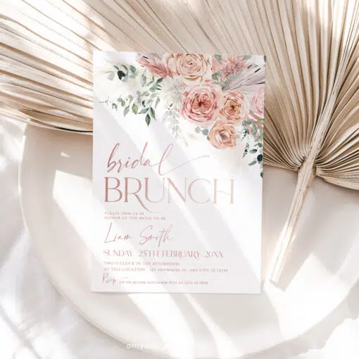 Dusty Rose Bridal Brunch Invitation, Elegant Boho Pink Bridal Shower Editable Template