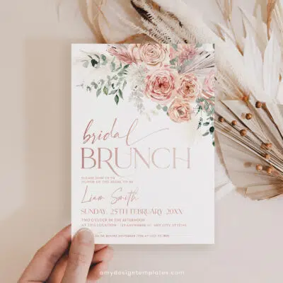 Dusty Rose Bridal Brunch Invitation, Elegant Boho Pink Bridal Shower Editable Template