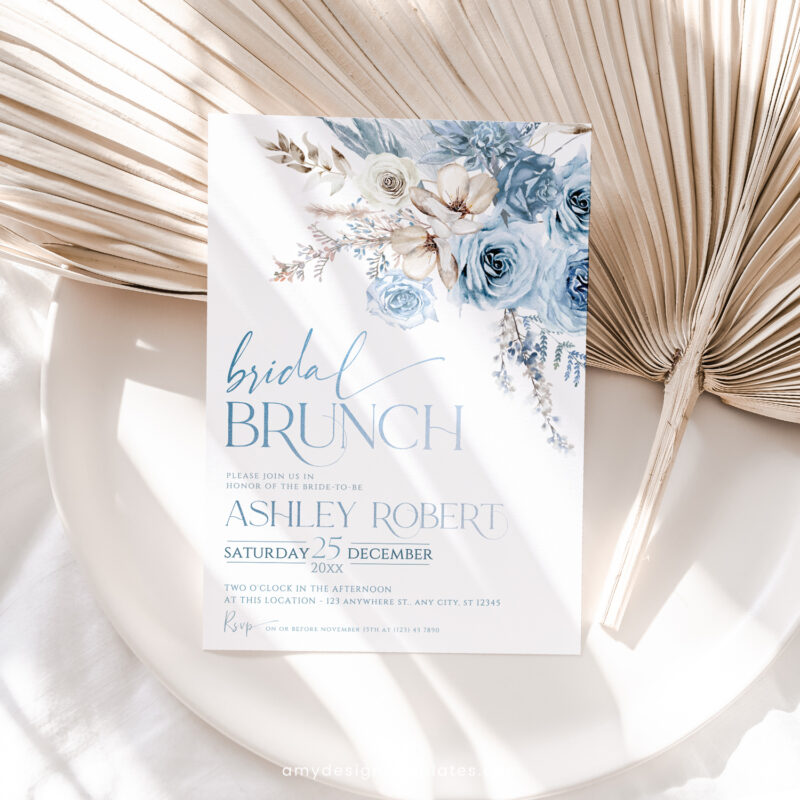 Dusty Blue Bridal Brunch Invitation, Boho Blue Floral Bridal Shower Editable Template