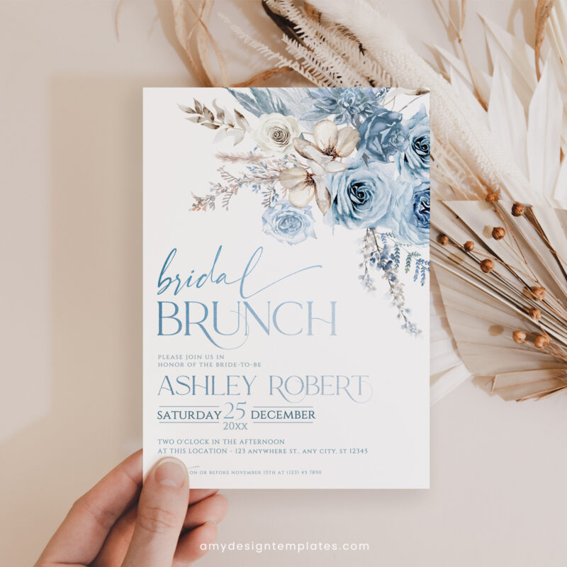 Dusty Blue Bridal Brunch Invitation, Boho Blue Floral Bridal Shower Editable Template