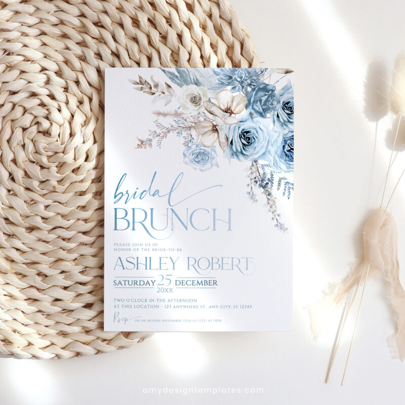 Dusty Blue Bridal Brunch Invitation, Boho Blue Floral Bridal Shower Editable Template