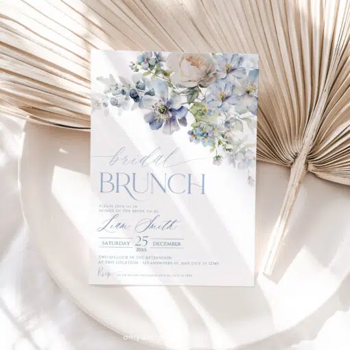 Dusty Blue Floral Bridal Brunch Invitation, Elegant Spring Bridal Shower Editable Template
