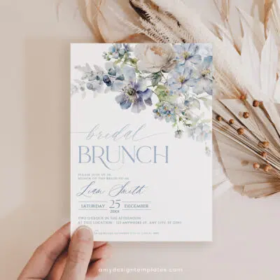 Dusty Blue Floral Bridal Brunch Invitation, Elegant Spring Bridal Shower Editable Template