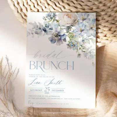 Dusty Blue Floral Bridal Brunch Invitation, Elegant Spring Bridal Shower Editable Template