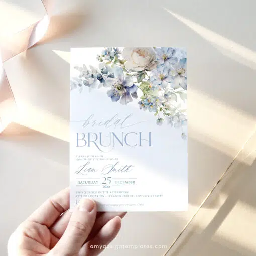 Dusty Blue Floral Bridal Brunch Invitation, Elegant Spring Bridal Shower Editable Template