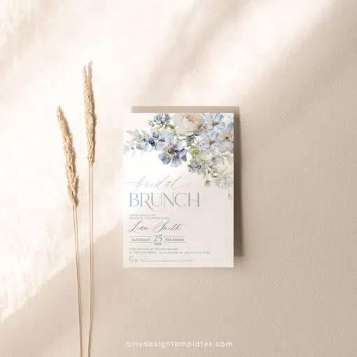 Dusty Blue Floral Bridal Brunch Invitation, Elegant Spring Bridal Shower Editable Template