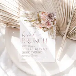 Boho Pampas Bridal Shower Brunch Invitation, Chic Pink Editable Template