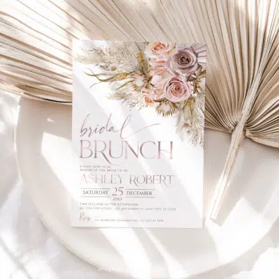 Boho Pampas Bridal Shower Brunch Invitation, Chic Pink Editable Template
