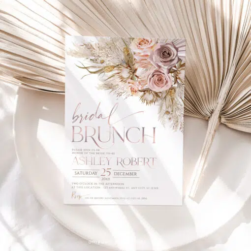 Boho Pampas Bridal Shower Brunch Invitation, Chic Pink Editable Template