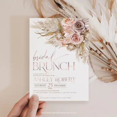 Boho Pampas Bridal Shower Brunch Invitation, Chic Pink Editable Template