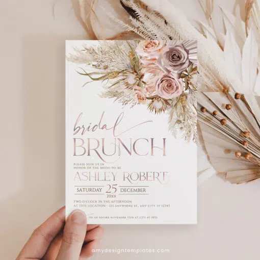 Boho Pampas Bridal Shower Brunch Invitation, Chic Pink Editable Template