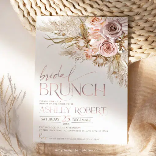Boho Pampas Bridal Shower Brunch Invitation, Chic Pink Editable Template