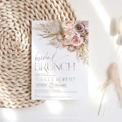 Boho Pampas Bridal Shower Brunch Invitation, Chic Pink Editable Template