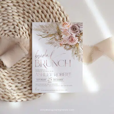 Boho Pampas Bridal Shower Brunch Invitation, Chic Pink Editable Template