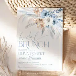 Dusty Blue Bridal Brunch Invitation, Elegant Boho Pampas Editable Template