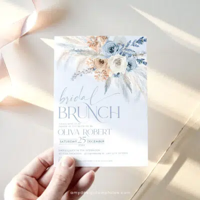 Dusty Blue Bridal Brunch Invitation, Elegant Boho Pampas Editable Template