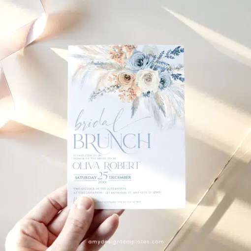 Dusty Blue Bridal Brunch Invitation, Elegant Boho Pampas Editable Template