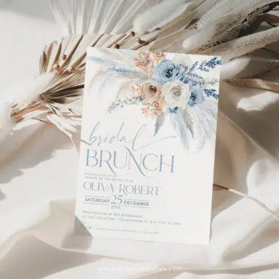 Dusty Blue Bridal Brunch Invitation, Elegant Boho Pampas Editable Template