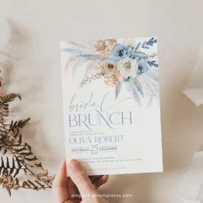Dusty Blue Bridal Brunch Invitation, Elegant Boho Pampas Editable Template