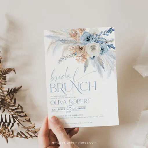 Dusty Blue Bridal Brunch Invitation, Elegant Boho Pampas Editable Template