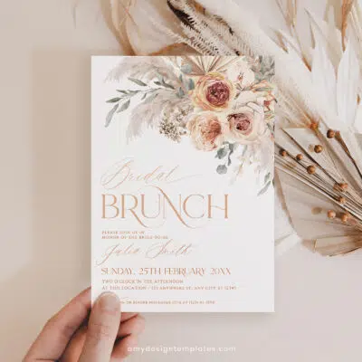 Boho Bridal Brunch Invitation, Burnt Orange & Pampas Editable Template