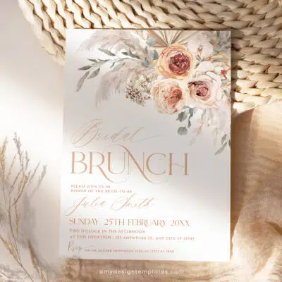 Boho Bridal Brunch Invitation, Burnt Orange & Pampas Editable Template