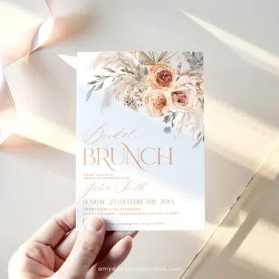 Boho Bridal Brunch Invitation, Burnt Orange & Pampas Editable Template